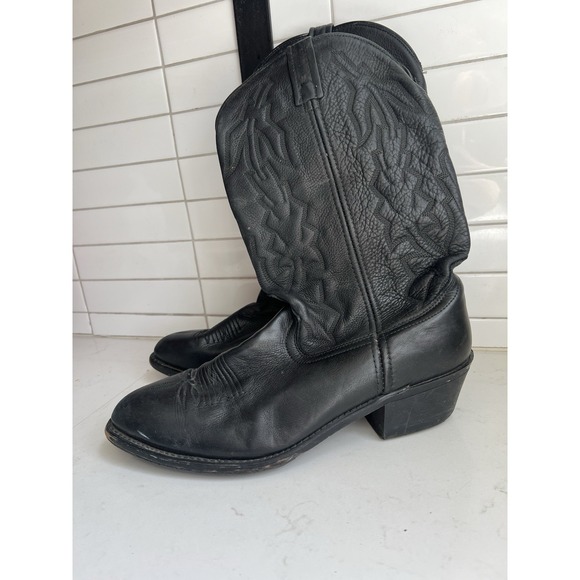 VTG Stitched Cowboy Boots Mens 10.5 EW Black Leather USA Western Pull On Wide - Picture 2 of 9